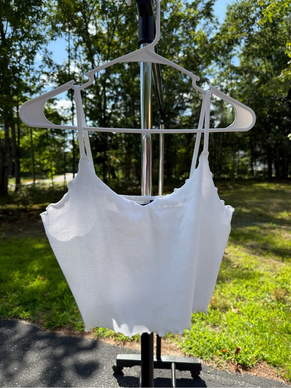 White Ribbed Spaghetti Strap Crop Tank